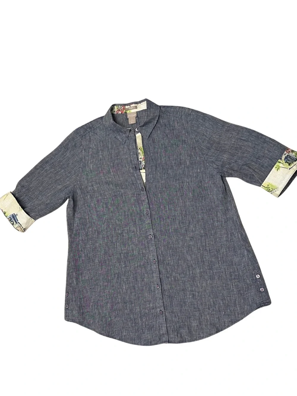 Chico’s No Iron 100% Linen Inner Beauty Tunic Shirt Floral Trim Size 2 L - Picture 2 of 11